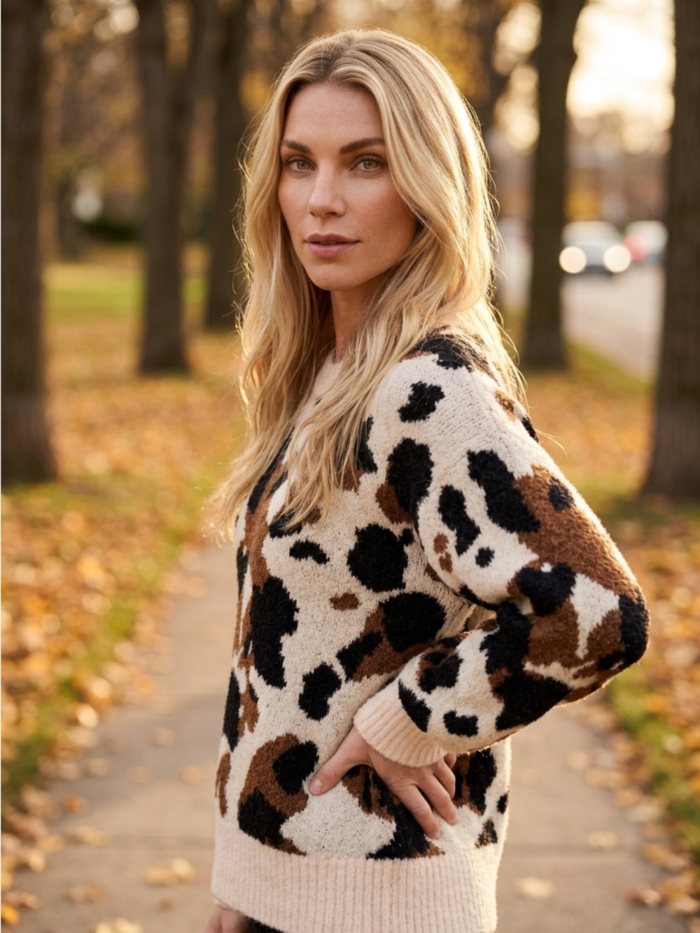 Cozy Cow Print Crewneck Sweater in Cream, Brown & Black